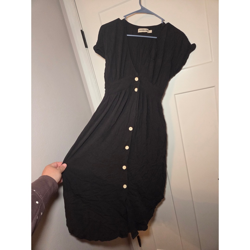 The Normal Brand Black Button Front Midi Dress V-Neck Short Sleeve Small
